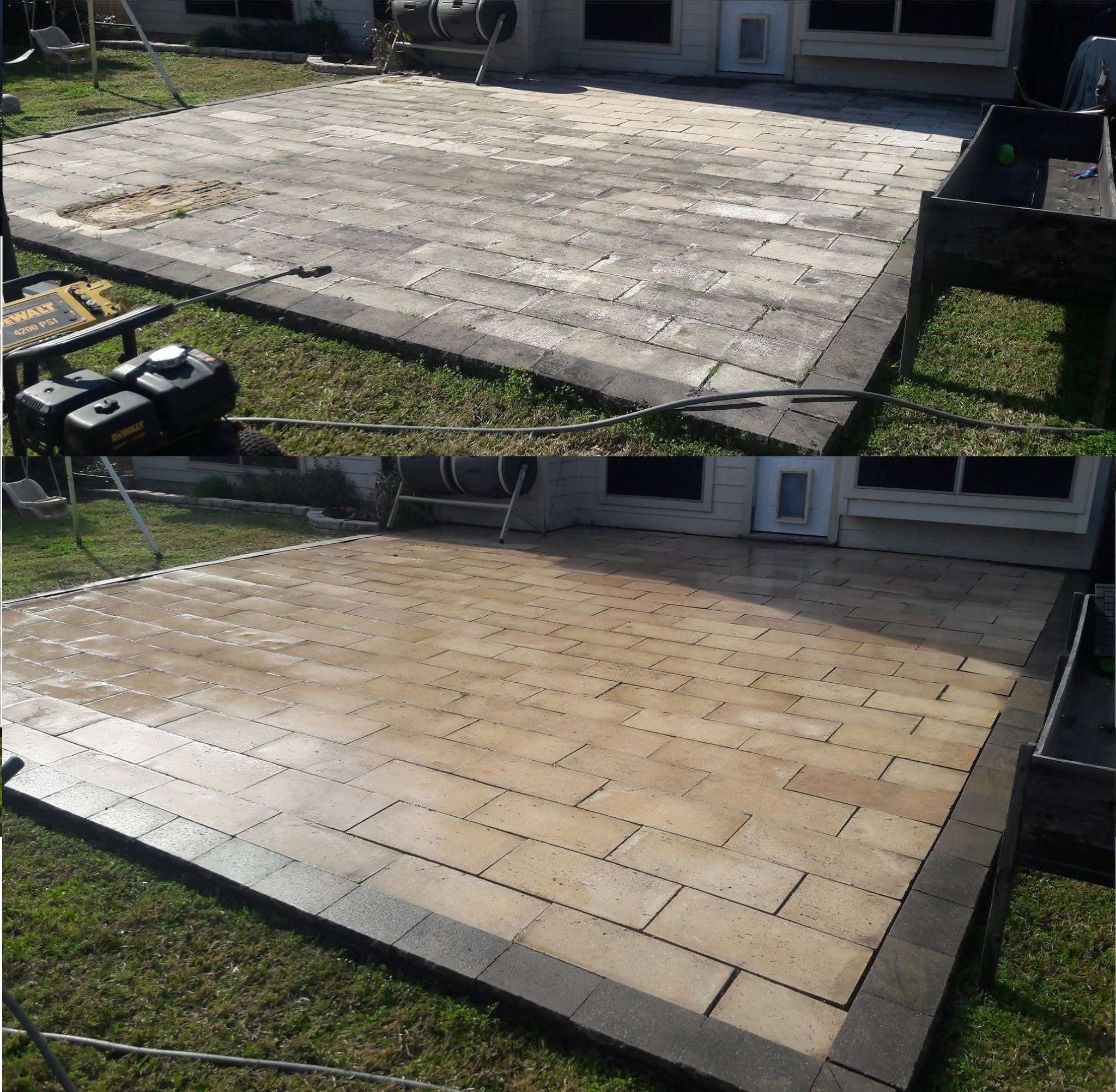 Before and after cleaning of a residential paver patio
