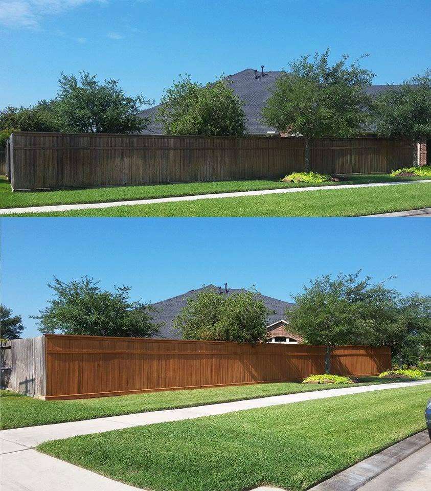 Before and after comparison of a weathered fence restored with stain