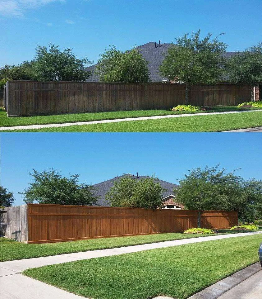 Before and after comparison of a weathered fence restored with stain