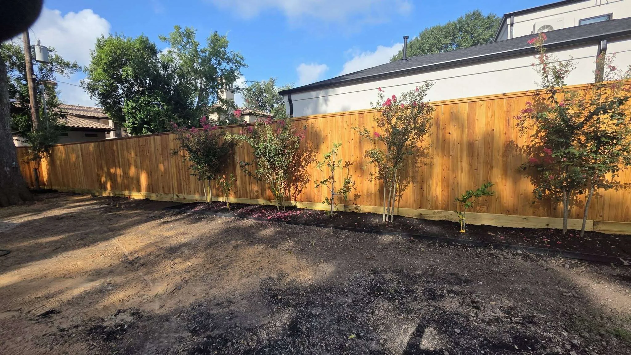 Freshly stained natural cedar privacy fence beside residential landscaping
