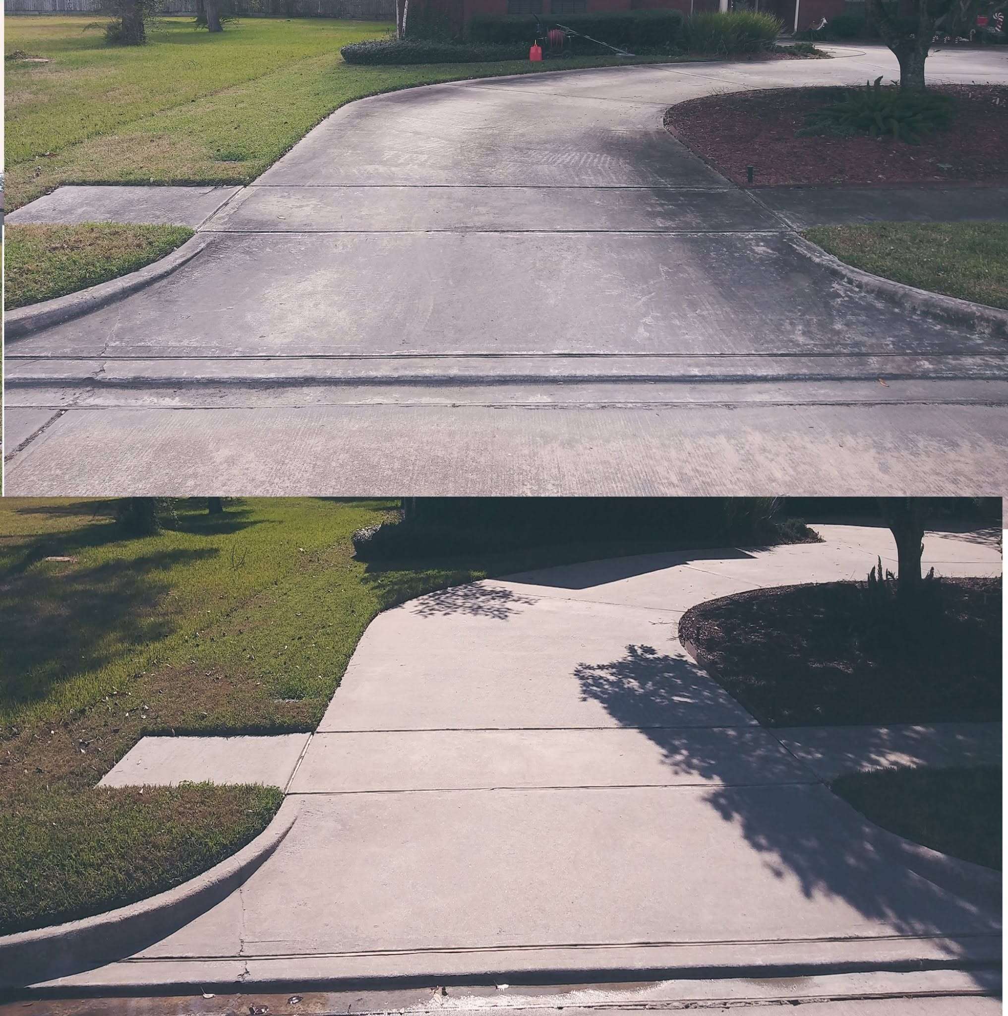 Before and after view of a professionally pressure-washed driveway