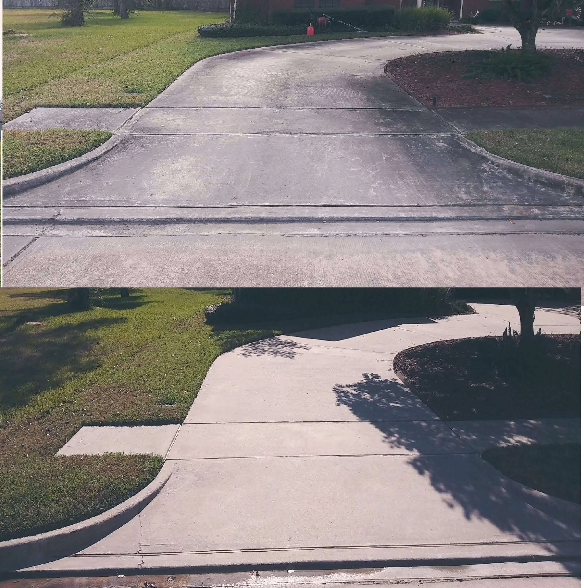 Before and after view of a professionally pressure-washed driveway